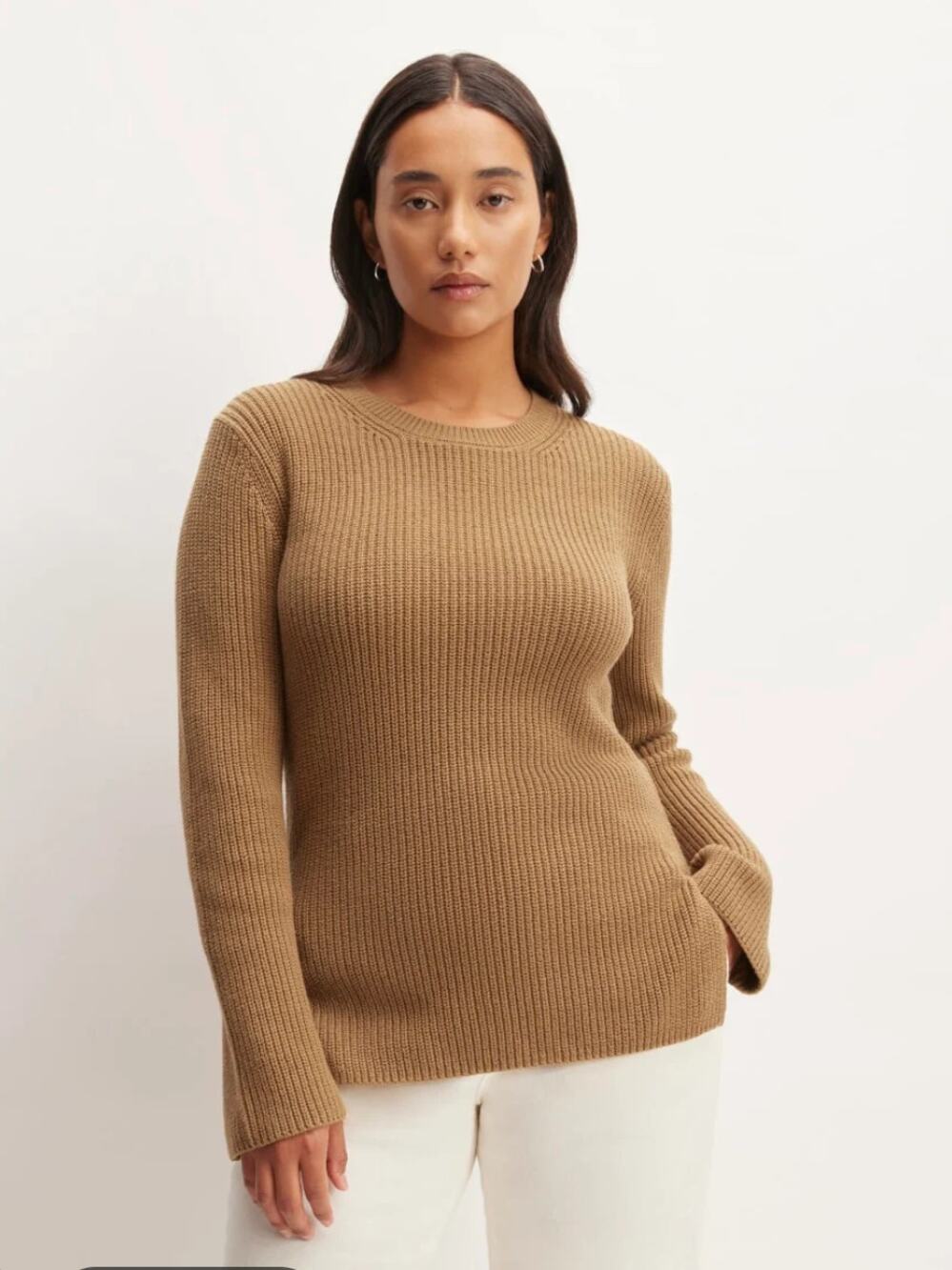 Everlane Organic Cotton Ribbed Slim Crew Sweater Camel Women’s Size Small